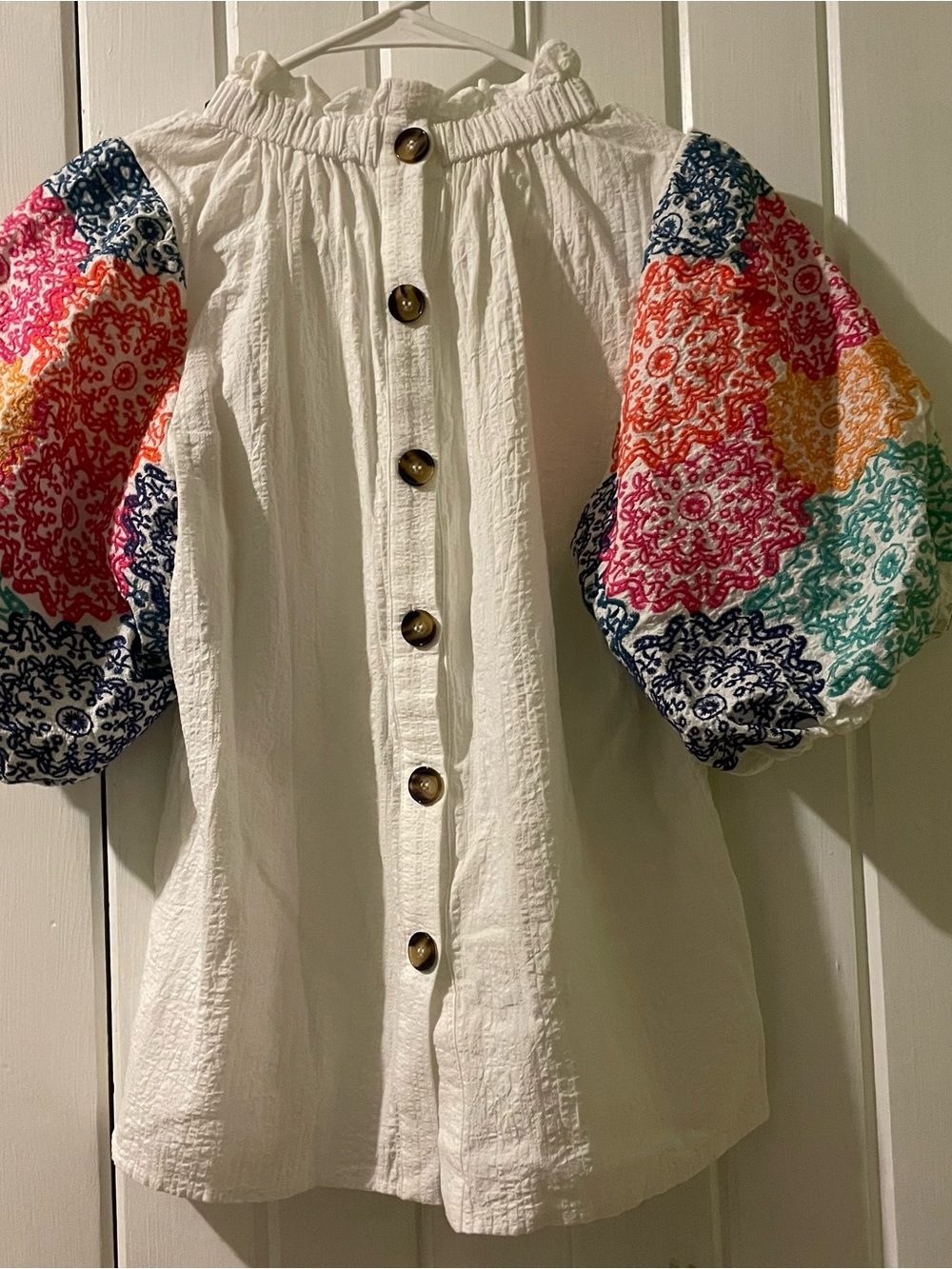 THML White Peasant Blouse with Multicolor Embroidered Puff Sleeves - Picture 6 of 10